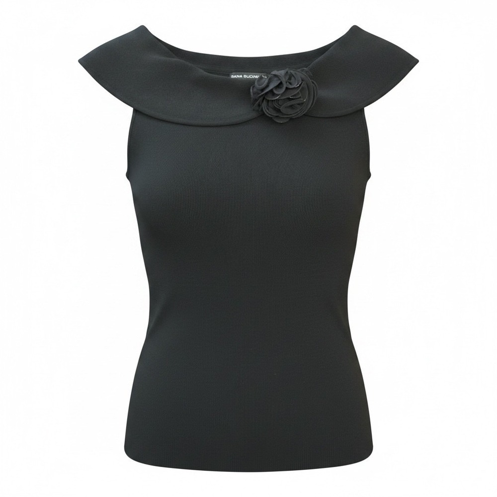 Dana Buchman Petite Black 100% Silk Ribbed Knit Top Portrait Collar Rosette PL
